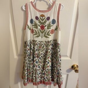 Pink Chicken Kids Dress with Floral Embroidery - White and Green